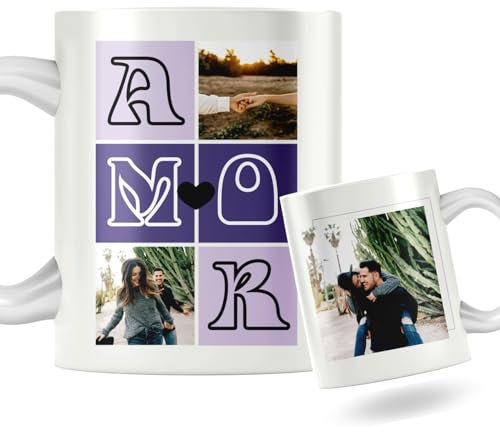 Taza de cerámica personalizada con foto. Taza personalizada para San Valentín con frase. Regalo original personalizado. (3 fotos y palabra AMOR)