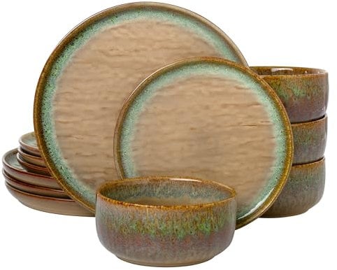 Joseph Sedgh Collection “Alyssa” 12-Piece Stoneware Dinnerware Set with Reactive Glaze Finish, Service for 4, Brown Reactive Glaze