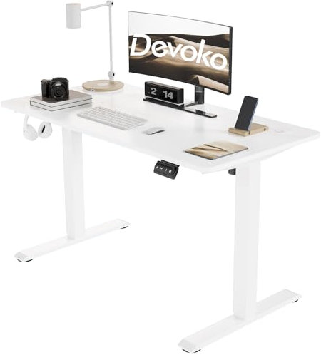 Devoko Escritorio Elevable Eléctrico 120 x 60cm,Escritorio Regulable en Altura con Gancho, 71-119 cm, 2 Opciones de Memoria Inteligente, Adecuado para Estudiar Trabajar(Blanco)