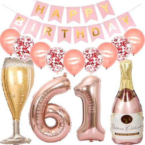 Feelairy Luftballon 61. Geburtstag Deko Frau, Rosegold Folienballon Weinflasche Sektflasche Helium Ballon Champagner Flasche, Girlande Happy Birthday Deko für Geburtstagsdeko 61 Jahre Frauen