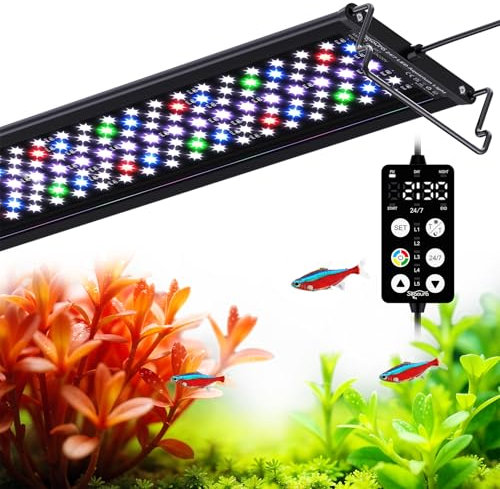 SEAOURA Luz para Acuario con Temporizador, Luces LED para Crecimiento de Plantas de Espectro Completo con Memoria de Apagado, Opción de 8 Colores, 20 Brillos para Acuario de Agua Dulce (45-60cm)