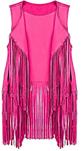 BrightGlow Gilet à franges pour femme - Gilet sans manches années 70 - Vintage - Veste hippie - Gilet long avec pompons - Gilet à franges - Gilet hippie - Gilet pour femme - Costume hippie - Taille S,