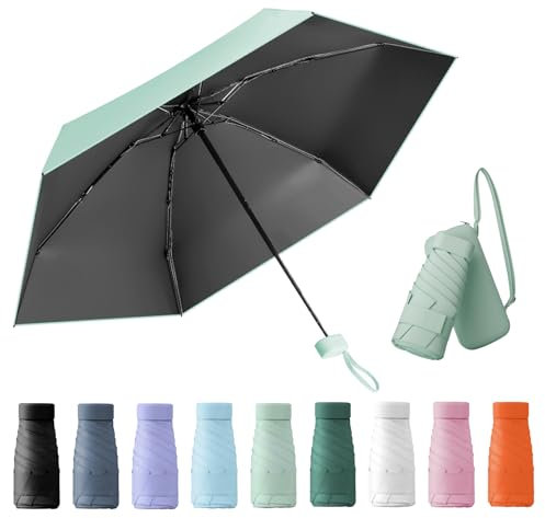 Kleiner Regenschirm, portable folding umbrella, mini reise regenschirm, leichter Reiseschirm, taschenschirm, UV-faltbar mit Kapselbox, reisewasser- und winddicht für Männer und Frauen(mintgrün)