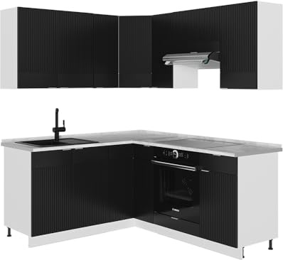 Vicco Eckküche Fame-Line, Schwarz gestreift/Weiß, 190 x 160 cm ohne Arbeitsplatte, zur individuellen Erweiterung und flexiblen Anordnung geeignet
