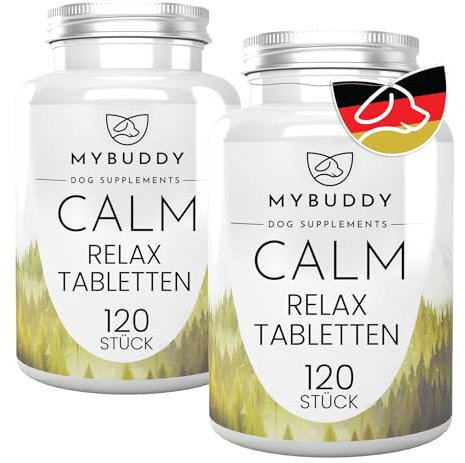MYBUDDY Calm Relaxtabletten Hund Beruhigung mit Baldrian Hopfen Johanniskraut Kamille für alle Rassen Nahrungsergänzungsmittel für Hunde Made in Germany (Calm Relaxtabletten, 2x120 Tabletten)