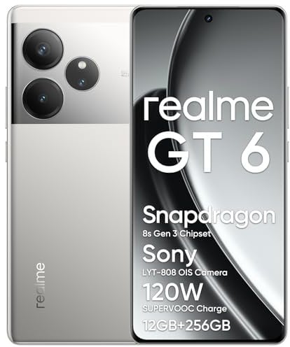 realme GT6 Smartphone, 5G Cellphone 12+256GB, Snapdragon 8s Gen 3, 6000nit Ultra Bright Display, 50MP+50MP+8MP Camera, Phone, Massive 5500mAh Battery, Fluid Silver, With Adapter
