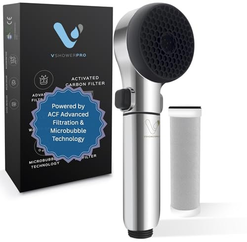 Vshower Pro Shower Head with Filter – Microbubble Technology Filtered Shower Head, Water-Saving,Filters Limescale & Chlorine, Soften Water, for Sensitive Skin,Chrome