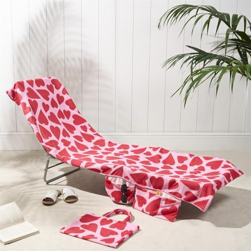 Brentfords Sun Lounger Beach Towel with Pockets, Soft Quick-Dry Absorbent Large Beach Towel in a Bag Lightweight Easy Storage Sun Bed Towels For Beach Holiday Accessories, Pink Hearts - 75 x 215cm