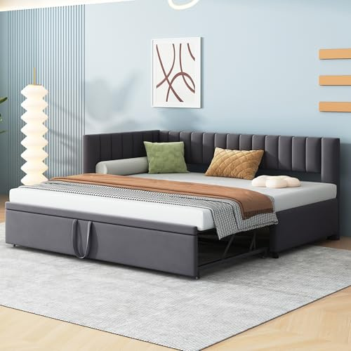 Ausziehbar L-förmiges Schlafsofa 90/180x200 cm, Tagesbett mit Ausziehbett Gleiche Höhe, Bett Ausziehbar zum Doppelbett, Gästebett Sofabett Jugendbett mit Lattenrost aus Holz, Samt, Grau,Ohne Matratze
