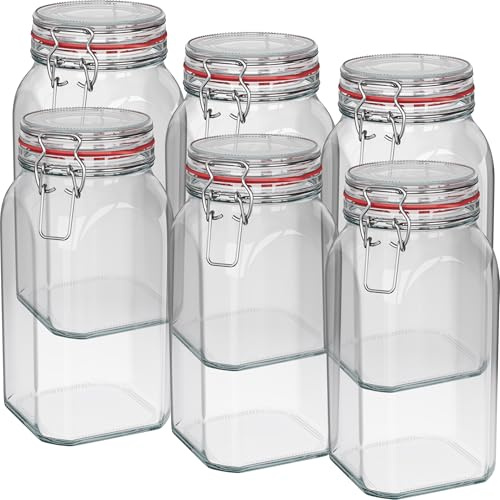 WELLGRO Einmachgläser mit Bügelverschluss eckig, Fermentierglas, Vorratsgläser mit Deckel, Bügelglas - Gläser mit Deckel Made in Germany (1540ml x 6 Stück)