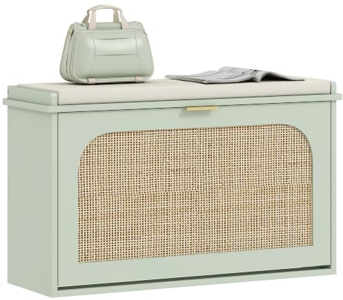 HOMCOM Narrow Shoe Bench with Padded Seat, Flip-Drawer, Light Green | Boho Shoe Storage Bench, Rattan Doors, Adjustable Shelves, for Hallway, Entryway, Holds 8 Pairs