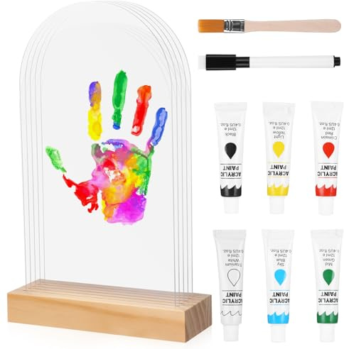 Zaxiva Kit Impronte Mani Famiglia, Kit Impronte Neonato con Base In Legno, 5 Pannelli In Acrilico e 6 Colori, Impronta Mani e Piedi Neonati per Regalo Neonato, Nuovi Genitori, Regalo di Famiglia