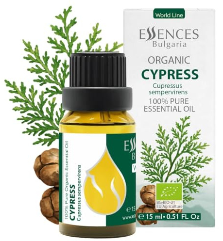 Essences Bulgaria Olio Essenziale Di Cipresso Biologico 15 ml | Cupressus Sempervirens | 100% Puro | Naturale | Non Diluito | Grado Terapeutico | Aromaterapia | Cosmetici | Cruelty Free