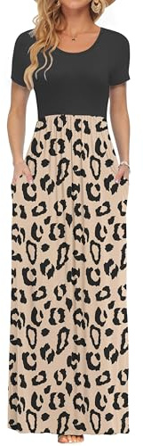 AUSELILY Damen Kurzarm Sommer Casual Long Maxi Kleider mit Taschen | Ganzjähriges Tragen, solider Blumendruck, Freizeitkleidung, Empire-Taille, Bodenlänge, Seitentaschen