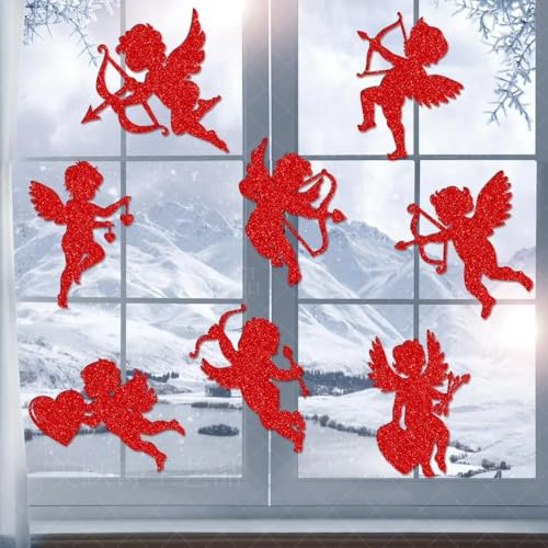 Fensterbilder Valentinstag Selbstklebend Fenstersticker Fensteraufkleber Valentinstag deko PVC Fensterdeko Cupid Glitzer Schaumstoff Amor Scherenschnitte Aufkleber Fenster Fensterbilder