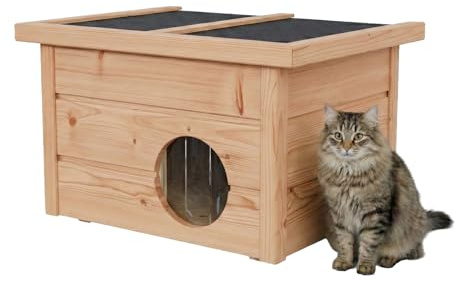 QLS Katzenhaus Outdoor 40×50×37 cm aus Holz mit klappbarem Dach, 2 cm Styropor, wetterfest & Winterfest, Kälteschutz-Vorhang (Teak)