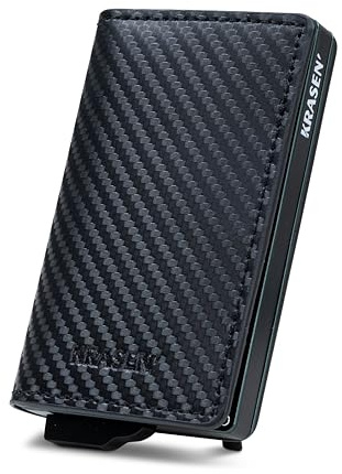 KRASEN' - Portafoglio e Porta Carte in Carbonio Nero con Sistema Anti-Clonazione, Scatoletta in Alluminio Assemblata a Mano, Resistente all’Acqua, Cerniera Porta Monete, Design Italiano