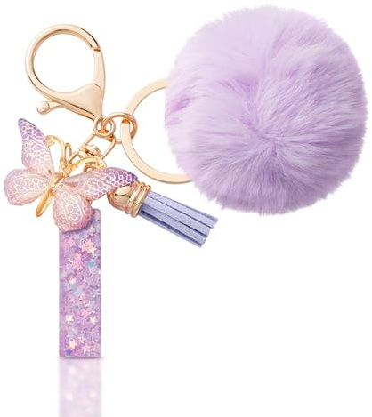CHUQING Schlüsselanhänger Buchstabe Geschenke Mädchen mit Pompon | Schlüsselanhänger mit Buchstabe und Pompon, süßer Schmetterling Keychain als Geschenk für Mädchen und Damen