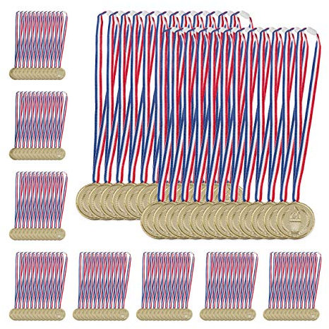 Relaxdays 120 x Goldmedaille Kinder, Band, Fackel, Auszeichnung für Siegerehrung, Medaillenset, 5 cm Ø, Plastik, Medaille, Gold