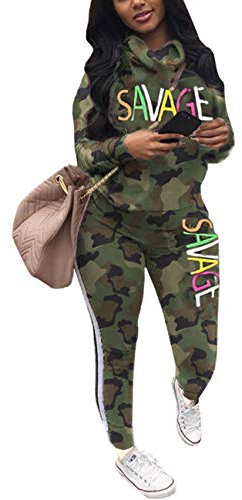 Angsuttc Damen-Outfit, 2-teilig, Camouflage-Buchstaben-Druck, langärmlig, Pullover, Sweatshirt, Hose, Trainingsanzüge Set - Grün - 40 DE/42 DE (L)