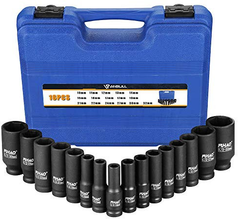 Anbull Douille a choc,Douille longue, Douille cle a choc 1/2 pouce 16 pièces, soket set 10 mm-32 mm, matériau CR-V