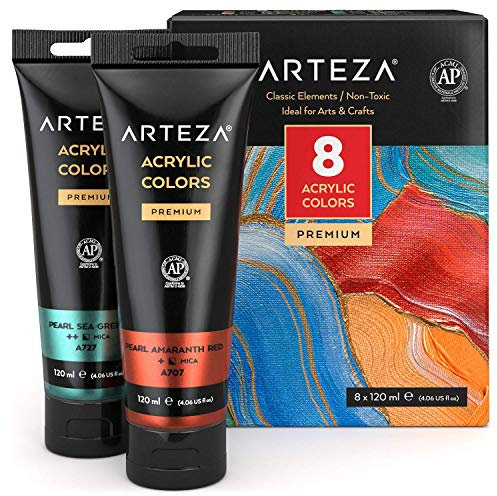 ARTEZA Peinture acrylique métallisée, ensemble de 8 couleurs classiques en tubes de 120 ml, riches en pigments, non décolorante, non toxique pour les artistes, les peintres amateurs et les enfants