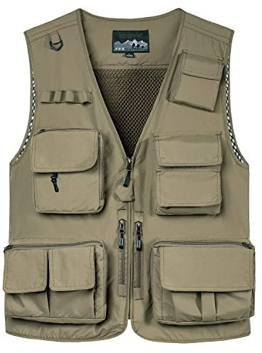 KTWOLEN Men's Outdoor Vest Quick Dry Fishing Vest Multi Pocket Breathable Gilet Safari Hunting Hiking Photography Waistcoat Sleeveless Jacket, Khaki, XXL