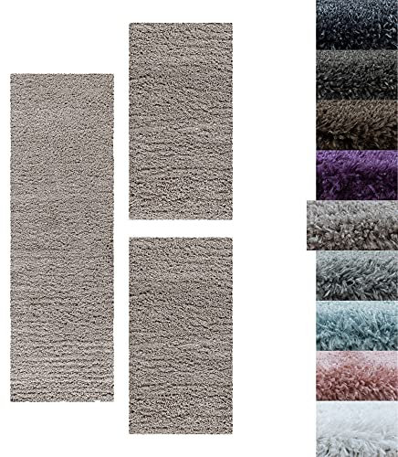 SIMPEX Bettumrandung Schlafzimmer 3teilig Shaggy Hochflor Teppich Beige Bettset: 2 mal 80x150 + 1 mal 80x250 - Schlafzimmer Teppich 3 Teilig Läufer Extra Weich Flauschig Bettvorleger Läuferset Halı