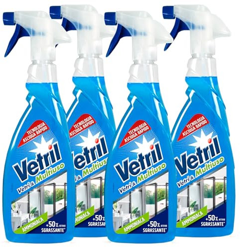 Vetril - Vetri e Multiuso Detergente Spray Superfici con Ammoniaca, Azione Sgrassante e Brillantezza Senza Aloni, 650ml x 4 Pezzi