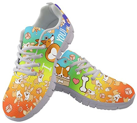 SCRAWLGOD Schuhe für Damen, Laufschuhe, bequeme Wanderschuhe, Sport, Tennisschuhe, Rainbow Corgi, 39 EU