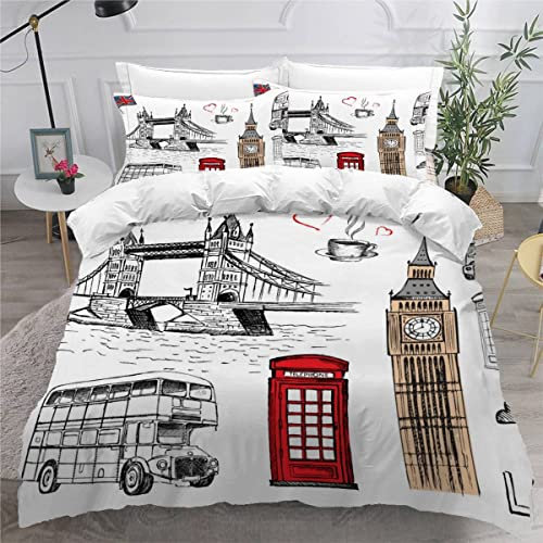 AASIRA Londoner Big Ben Bettwäsche 135x200 Kinder Bettwäsche Retro-Landschaft Weiche Mikrofaser Bettbezug mit Reißverschluss Jungen Mädchen Bettwäsche-Set 3D Motiv Bettbezüge mit 2 Kissenbezug 80x80