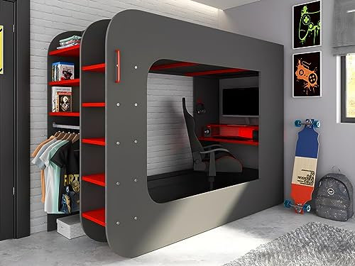 Vente-unique-Hochbett mit Gaming-Schreibtisch & Stauraum & Matratze + LEDs - 90 x 200 cm - Anthrazit & Rot - Warrior