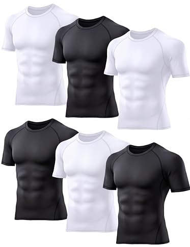 TELALEO 6 Pack Men's Compression Shirt Short Sleeve Athletic Baselayer Sports T Shirts Workout Tops for Men Black White L