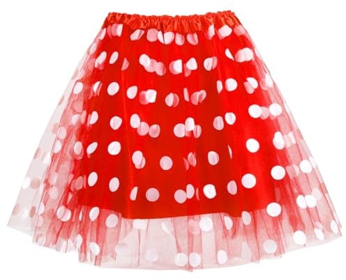 Tüllrock Damen, 45cm Damen Tutu Reifrock, Tütü Mädchen, Rot mit weiß Gepunktet Unterrock Petticoat, Dehnbaren Teenager Ballett Tanzen Dress, Frauen Rock für Halloween Fasching Karneval Motto Party C15