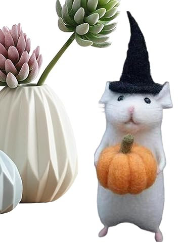 Nupaque Felt Mouse - Funny and Cute Pumpkin Ornaments With Black Hat | Needle Felted Spooky Decorations for Table Desktop Shelf Car Home