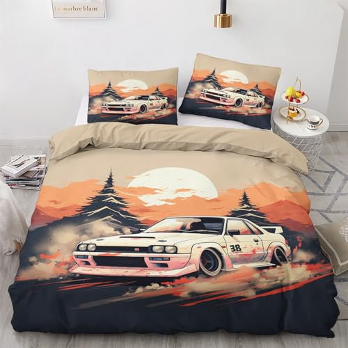 GEDAEUBA JDM Bettwäsche 155x220 - Japanische Sportwagen Bettbezug 155x220 3 teilig, Wendebettwäsche und Kissenbezug 80x80, Weiche & Angenehme Mikrofaser Bettwäsche-Sets mit Reißverschluss
