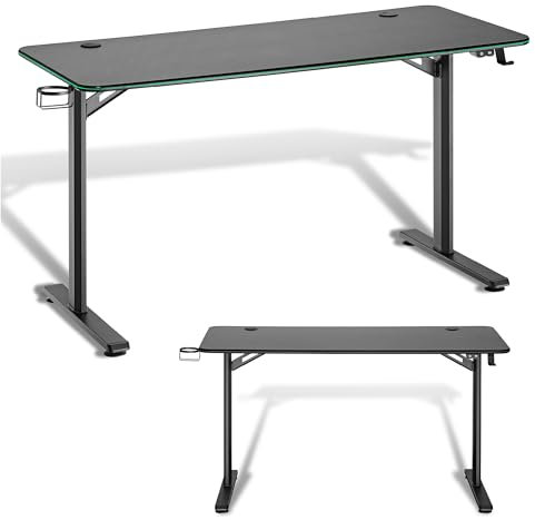 Xantron® Gaming Schreibtisch mit LED Atlas [3 einstellbare RGB Effekte] 136x60x75cm Gaming Tisch schwarz mit Kabelmanagement, Getränkehalter & Headsethalter