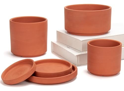Briful 3 vasi in terracotta con sottovaso, vasi per piante da esterno, vasi da fiori in argilla con foro di drenaggio, fioriere in ceramica in 3 diverse dimensioni, ideali per cactus, piante grasse,