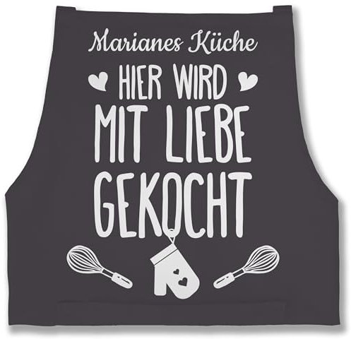 Schürze - Kochschürze - Hier wird mit Liebe gekocht mit Name I Geschenk Kochen - 85x69 - Anthrazit - personalisierte küchenschürze damen kochschuerze dame küche sprüche kochschürzen