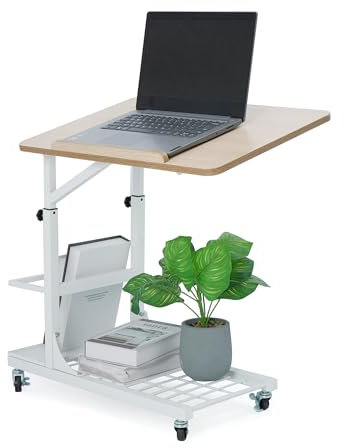 Nisorpa Höhenverstellbare Beistelltische, C-Form Laptoptisch, Couchtisch auf Rollen, Computertisch mit stauraum, Winkel verstellbar für Wohnzimmer Schlafzimmer Krankenhaus, 60x40x55cm,Weiß