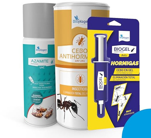 Pack Cebo antihormigas + Biogel antihormigas + Azamite LAC | Insecticida microgranulado + Cebo insecticida en gel + Insecticida en aerosol | Bioplagen