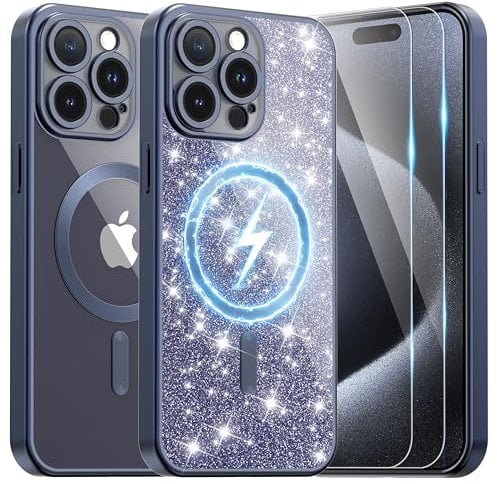 Ethanger for iPhone 15 Pro Case with 2 Screen Protector Compatible with MagSafe, Magnetic Cover Shockproof Frosted Bumper with Glitter Card and Wrist Strap for Women Girls, Titanium Blue