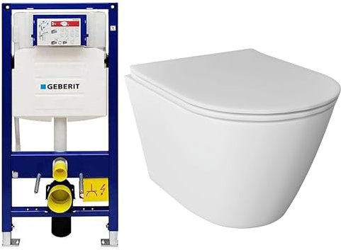 Alpenberger Wand WC Spülrandlos | Kloschüssel mit Toilettendeckel D Form | Moderne Toilette mit Geberit Spülkasten WC Vorwandelement Set | Hänge WC Komplettset