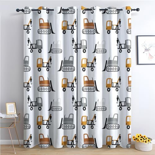 Vorhänge Baufahrzeuge, Verdunkelungsvorhang 2er Set - Vorhang Blickdicht Cartoon Auto Muster, Thermovorhang für Deko Wohnzimmer Schlafzimmer Kinderzimmer, Gardinen mit Ösen 175x140 cm (HxB) (GJ-&292)