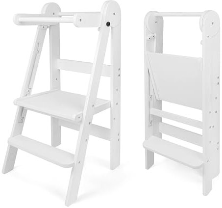 509 Lofty Foldable Learning Tower, Children's Kitchen Helper, Montessori, Step Stool, Foldable Convenient for Storage, 3 Height Standing Board Adjustment, Colour White