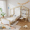 LATICO Kinderbett 90x200 Einzelbett, Hausbett mit Stauraum Schubladen und Regale, mit Tisch und Hocker, Holzbett Bettgestell mit Rausfallschutz und Lattenrost, Massivholz, Ohne Matratze, Weiß+Natur