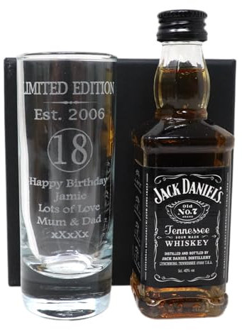 Regalo Personalised Laser Engraved Est 2006 18th Birthday Shot Glass Set with Miniature Alcohol Bottle Gift for Son or Daughter | Girls & Boys (Tennessee Whiskey/No Gift Box)