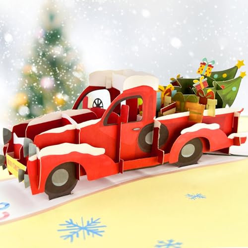 Hierein Weihnachtskarten, Pickup Truck und Weihnachtsbaum 2024 Pop Up Karte Weihnachten mit Umschlag, Einzigartig Merry Christmas Geschenk 3D Weihnachtskarte für Mann Frau Jungen Mädchen Freunde