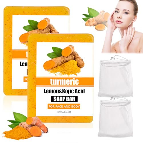 2PCS Lemon Turmeric Kojic Acid Soap, Feuchtigkeitsspendende Kurkuma-Seife, Kurkuma Seifenstück, Kojic Acid Turmeric Lemon Brightening Soap, Vitamin C Seifenstück, Zitronen-Kurkuma-Kojic-Säure-Seife