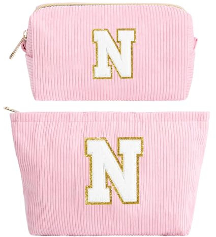 2 Stück Initialen Make-up-Tasche, Cord-Kosmetiktasche Organizer, Reise Kulturbeutel Schminktasche Damen, Weihnachten Geburtstag Geschenk für Frauen Mädchen Beste Freundinnen Brautjungfern Rosa(N)